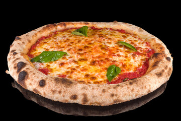 Delicious pizza margarita with tomato sauce, mozzarella and fresh basil with reflection, isolated on black background
