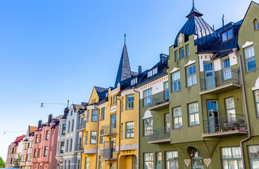 Colorful facades of buildings in Helsinki, the capital of Finland, the traditional Scandinavian...