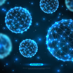 Abstract vector spheres. Futuristic technology wireframe polygonal elements. Connection Structure. Geometric Modern Technology Concept. Digital Data Visualization. Shining scientific background.