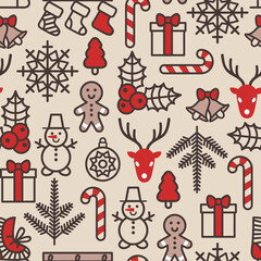 Christmas background, seamless tiling. Vector illustration. Wrapping paper pattern in vintage style. Cute Xmas characters. Deer head. Snowman in hat. Gingerbread man. New Year icons.