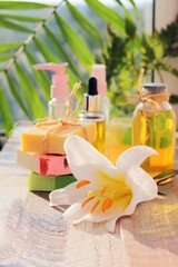 
Soap, antiseptic spray and aromatic oil bottles, white lily flower on a wooden windowsill, natural cosmetics for home body care