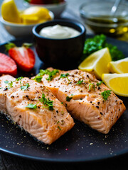 Steamed salmon steaks with lemon, strawberries and creamy dip served on black plate on wooden table
