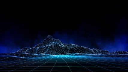  Abstract digital landscape with particles dots and stars on horizon. Wireframe landscape background. Big Data. 3d futuristic vector illustration. 80s Retro Sci-Fi Background © Maxim