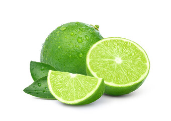 Natural  fresh lime with sliced and water droplets isolated on white background.