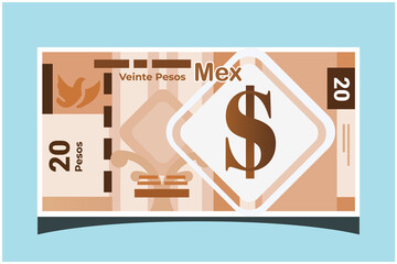20 Mexican Peso Banknotes Paper Money Vector Icon Logo Illustration and Design. Mexico Business, Payment and Finance Element. EPS 10 Vector illustration. Can be Used for Web, Mobile, Print