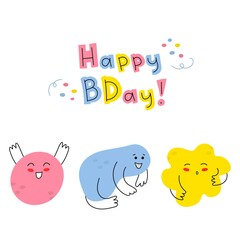 Hand-drawn funny tiny doodles-monsters with thin handles. Birthday greeting card. Funny smiling emoticons on their faces. Fashionable colorful illustration for children. Stock vector illustration
