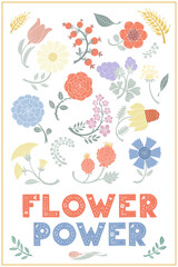 Flower power. Fantasy folk flowers hand drawn. Botanical illustration in flat cartoon style.  Colorful vector illustration for banner, print and card. Child cartoon flower.