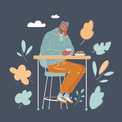 Vector illustration of sad man sit at the table with glass in his hand in dark cafe or pub. Depressive and unemployed concept.