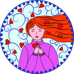 Red-haired girl with a heart in her hands. Cute face with a smile and eyes closed. In a pink sweater. Blue background with blue curls and hearts. Vector illustration.