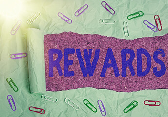 Text sign showing Rewards. Business photo showcasing certain number or percentage you earn for...