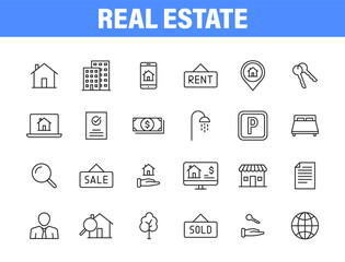 Fototapeta premium Set of 24 Real Estate web icons in line style. Rent, building, agent, house, auction, realtor. Vector illustration.
