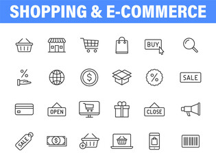 Set of 24 E-commerce and shopping web icons in line style. Mobile Shop, Digital marketing, Bank Card, Gifts. Vector illustration.