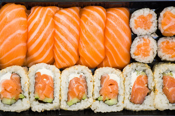 Sushi set on the table. Seafood close-up and macro
