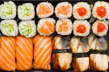 Sushi set on the table. Seafood close-up and macro