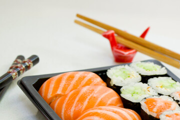 Sushi set on the table. Seafood close-up and macro
