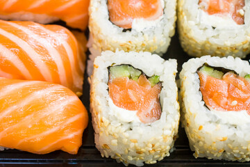 Sushi set on the table. Seafood close-up and macro