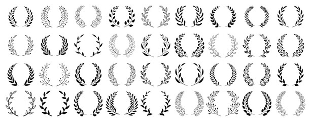 Set of black circular foliate laurels branches. Vintage laurel wreaths collection. Hand drawn vector laurel leaves decorative elements. Leaves, swirls, ornate, award, icon. Vector illustration.