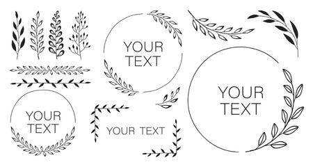 Set of black laurels branches. Flower ornament dividers collection. Vintage laurel wreaths. Hand drawn vector laurel leaves decorative elements. Leaves, swirls, award, icon. Vector illustration.