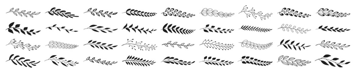 Set of black laurels branches. Flower ornament dividers collection. Vintage laurel wreaths. Hand drawn vector laurel leaves decorative elements. Leaves, swirls, award, icon. Vector illustration. © iiierlok_xolms