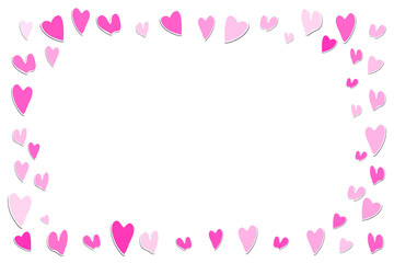 Squared frame with pink hearts. Template holiday border, vector illustration. Design for card, postcard, poster, print, banner. Cartoon colorful hearts on white background.