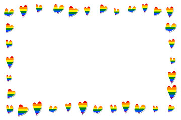 Squared frame with hearts. Template holiday border, vector illustration. Love wins. LGBT logo symbols in rainbow flag colors. Gay pride collection.