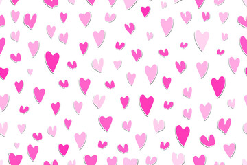 Seamless pattern with pink hearts. Template holiday vector illustration. Design for card, postcard, poster, print, banner. Cartoon colorful hearts on white background.