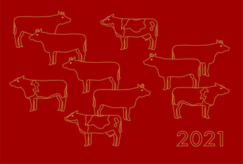 2021年丑年の年賀状イラスト: 線画の牛の群れデザイン