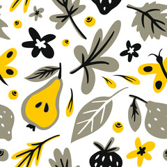 Leaves, flowers, berries, fruits flat hand drawn seamless pattern. Doodle and cartoon texture. Scandinavian illustrations. Color cliparts. Kitchen textile, background vector fill