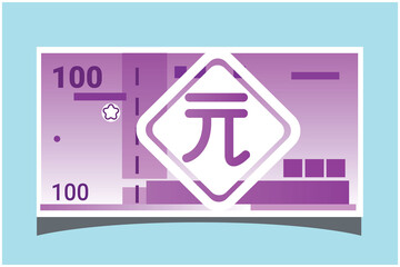 100 New Taiwan Dollar TWD Banknotes Paper Money Vector Icon Logo Illustration and Design. Taiwan Business, Payment and Finance Element. EPS 10 Vector illustration. Can be Used for Web, Mobile, Print.
