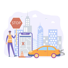 Stop, detour, traffic accident, road safety, violation penalty, car accident. A policeman blocked the road. Traffic Laws. Colorful vector illustration.