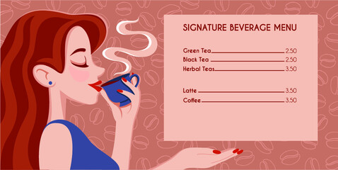 Cafe menu design. Beautiful Girl Drinking Tea or Coffee on background coffee beans pattern. Beauty cartoon Woman with the Cup of Hot Beverage. Warm Colors (Vector Art)
