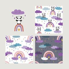 Set of cool seamless patterns for kids textile, wallpapers, gift wrap and scrapbook. Hand drawn cute pandas on rainbows. Vector illustration.