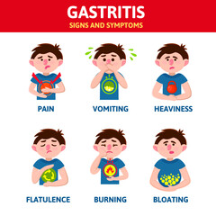 Gastritis vector infographic. Heartburn, heaviness, belching, nausea, flatulence, bloating, pain. Cartoon character. Isolated. Gastritis symptoms. Infographic elements