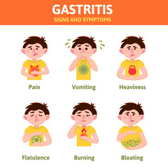 Gastritis vector infographic. Heartburn, heaviness, belching, nausea, flatulence, bloating, pain. Cartoon character. Isolated. Gastritis symptoms. Infographic elements