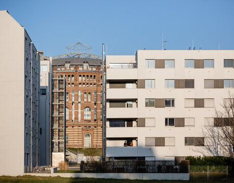 Vienna, Austria: old gas storage space transformed into living space at Erdberg  next to modern buildings