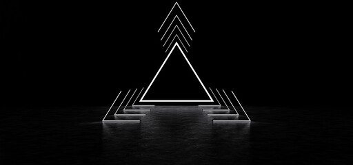 Abstract luminous pyramid in the dark space. Abstract surreal glowing triangle and luminous lines...