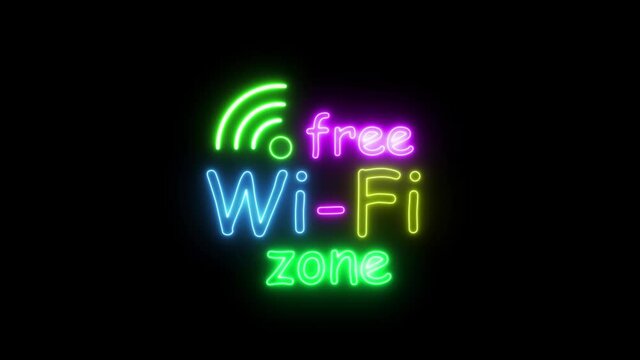 Animation free wifi zone neon sign light at black background.