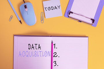 Word writing text Data Acquisition. Business photo showcasing way to obtain statistics that can be maneuvered digitally Clipboard sheet clip striped notepad mouse markers note colored background