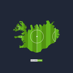 Iceland. Map of the country with a football field. Vector football illustration.