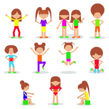 Set of happy cartoon girls with different hairstyles. Isolated children athletes in different poses. Editable characters prepared for animation. Children's sport. Fitness at home.