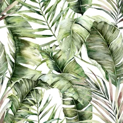 Tapeten Aquarell nahtlose Muster mit tropischen Palmblättern. Handgemalte exotische Blätter und Zweige auf weißem Hintergrund. Blumendschungelillustration für Design, Druck, Stoff oder Hintergrund. © yuliya_derbisheva