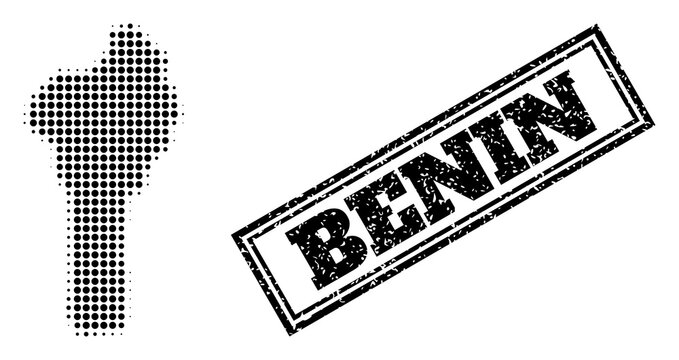Halftone map of Benin, and unclean seal stamp. Halftone map of Benin designed with small black spheric pixels. Vector watermark with unclean style, double framed rectangle, in black color.