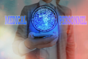 Text sign showing Medical Personnel. Business photo showcasing trusted healthcare service provider allowed to treat illness Futuristic icons solar system. Elements of this image furnished by NASA