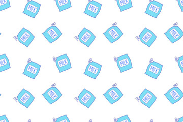 Pattern of a blue pack of milk with the inscription. Suitable for label, logo, packaging, decor, background.
