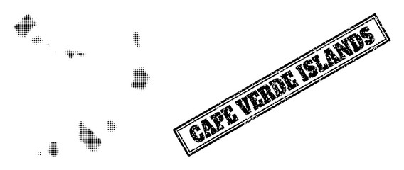 Halftone map of Cape Verde Islands, and grunge seal. Halftone map of Cape Verde Islands made with small black round points. Vector seal with grunge style, double framed rectangle, in black color.
