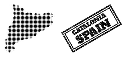 Halftone map of Catalonia, and rubber watermark. Halftone map of Catalonia generated with small black round pixels. Vector watermark with distress style, double framed rectangle, in black color.