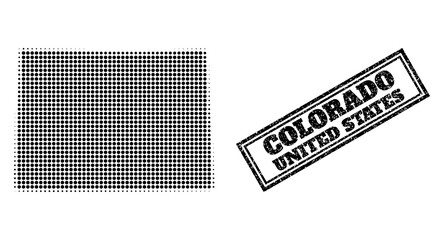 Halftone map of Colorado State, and unclean watermark. Halftone map of Colorado State designed with small black round dots. Vector watermark with unclean style, double framed rectangle,