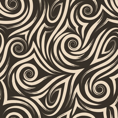 Vector beige seamless pattern of spirals and curls for decoration and printing on fabric on a brown background. Texture of swirl or sea waves for wrapping paper and clothes.