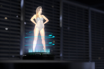 a hologram projector projects a young woman (3d mixed media)