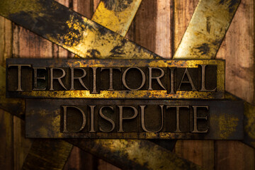 Territorial Dispute text formed with real authentic typeset letters on vintage textured silver grunge copper and gold background